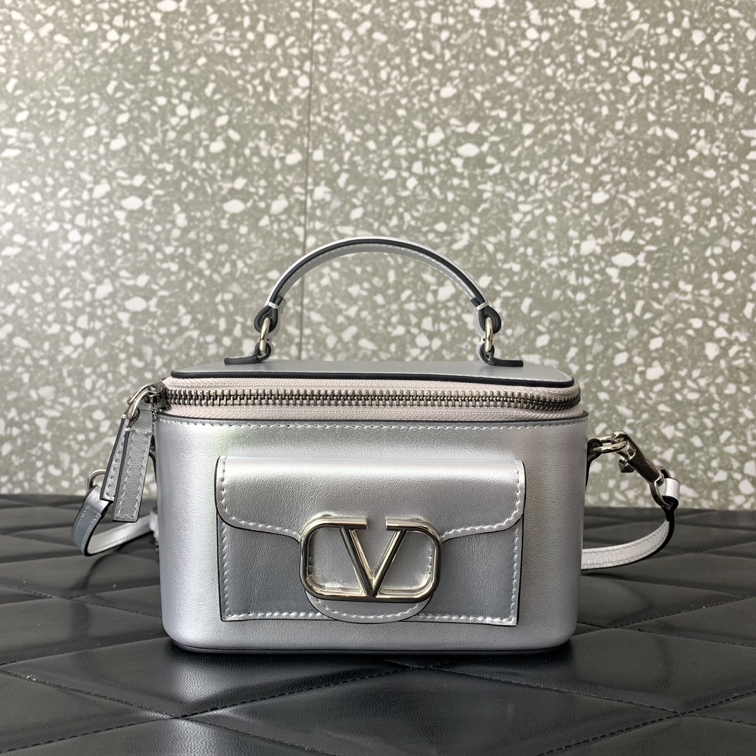 Valentino Garavani Loco Mini Box Bag in Silver Calfskin Leather